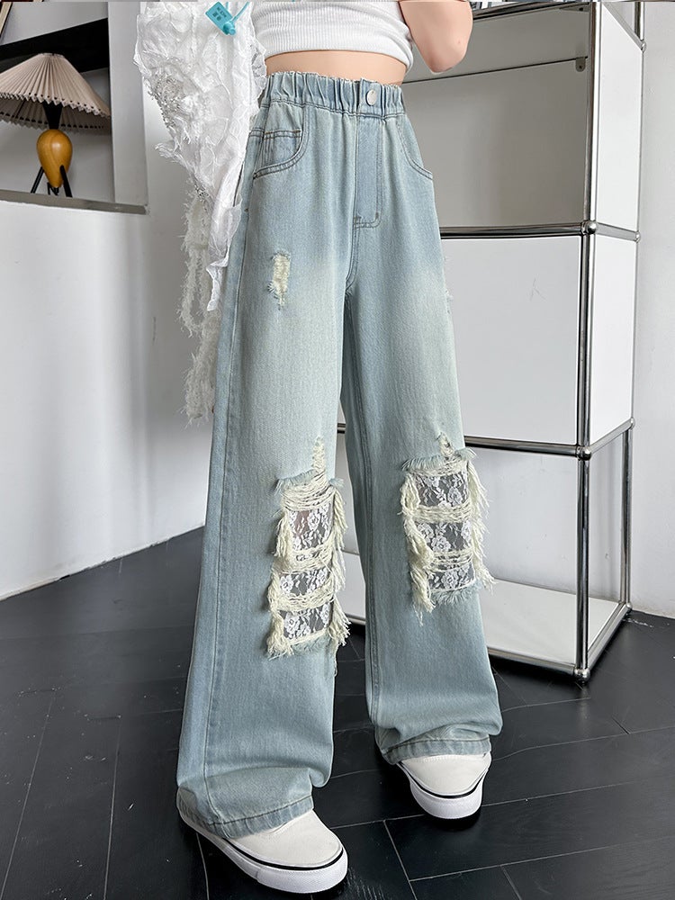 Girls' Ripped Jeans 2025 Spring And Arrival Large Children'S Loose Slimming Lace Wide Leg Pants Straight Trousers - Image 3