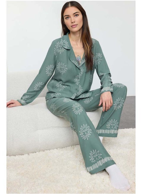 Green Sun Patterned Viscose Woven Pajama Set THMAW25PT00034