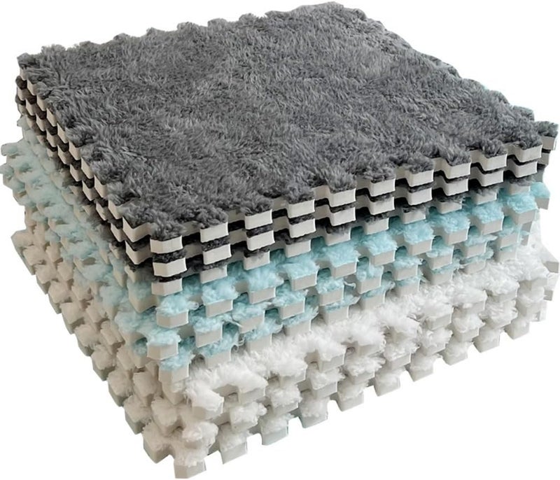 YISLEND 12Pcs Interlocking Carpet Tiles,12"x 12" Plush Interlocking Foam Carpet Tiles with Border,Fluffy Play Mat Floor Tiles Thick Padded Squares Foam Tiles for Playroom Decor (Pink+Light Blue) - Image 2