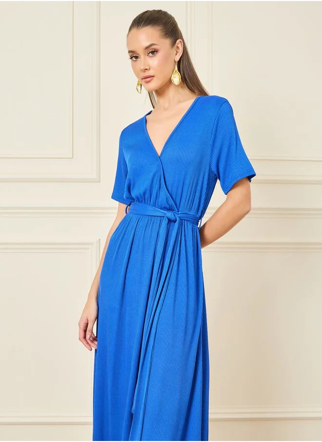 Styli Textured V Neck A-Line Maxi Dress with Waist Tie Up