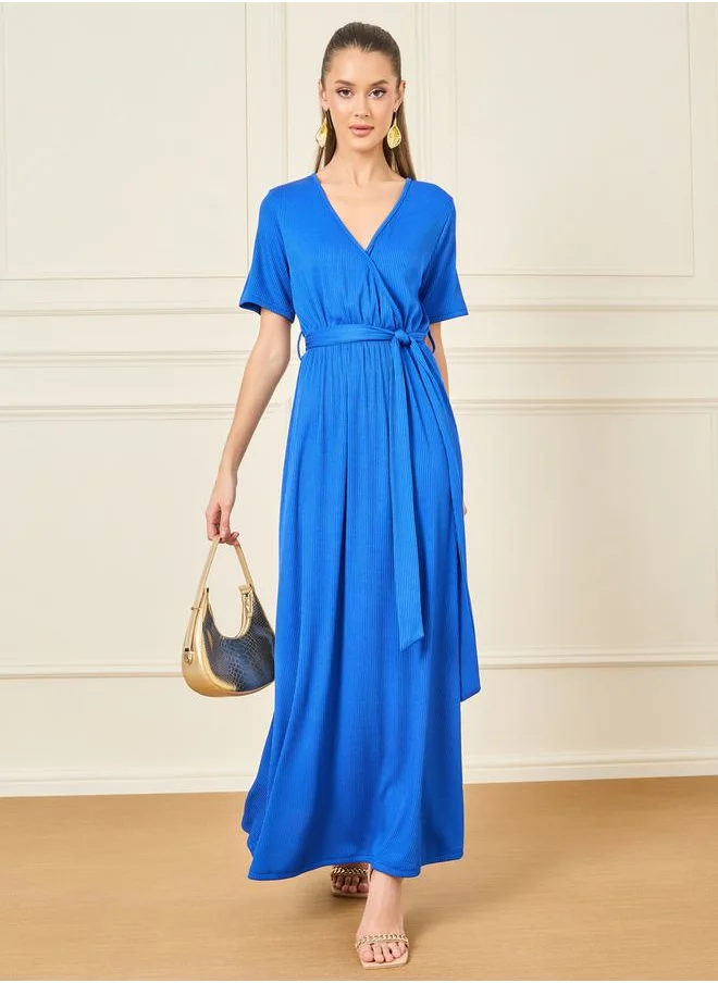 Styli Textured V Neck A-Line Maxi Dress with Waist Tie Up