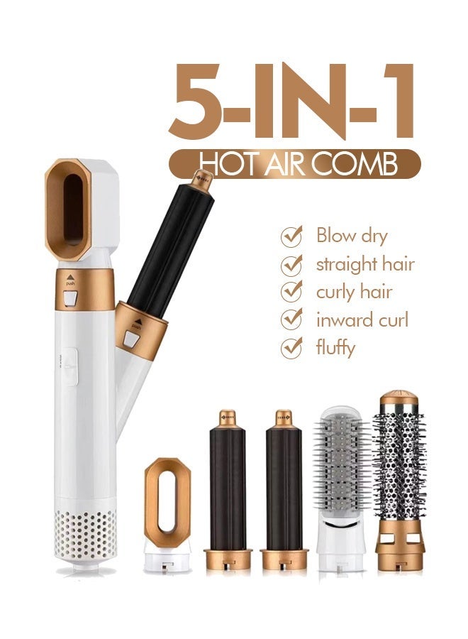 5 In 1 Hair Dryer Brush Hot Comb Set 1000W Hot Air Hair Curler and Straightener Styling Tool Comb Curling Brush Suitable for Women Hair Types - White Gold - Image 2