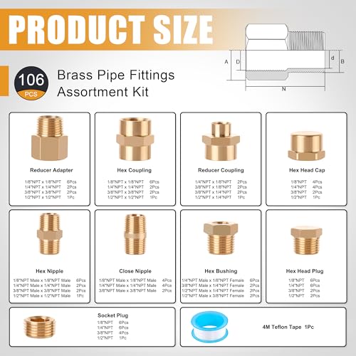 Ailbiuko 106PCS Brass Pipe Fittings Assortment Kit NPT Extension AdapterReducer BushingHex NippleClose NippleReducing Hex CouplingHex Head PlugsHex head CapSocket Plug Kit - Image 3