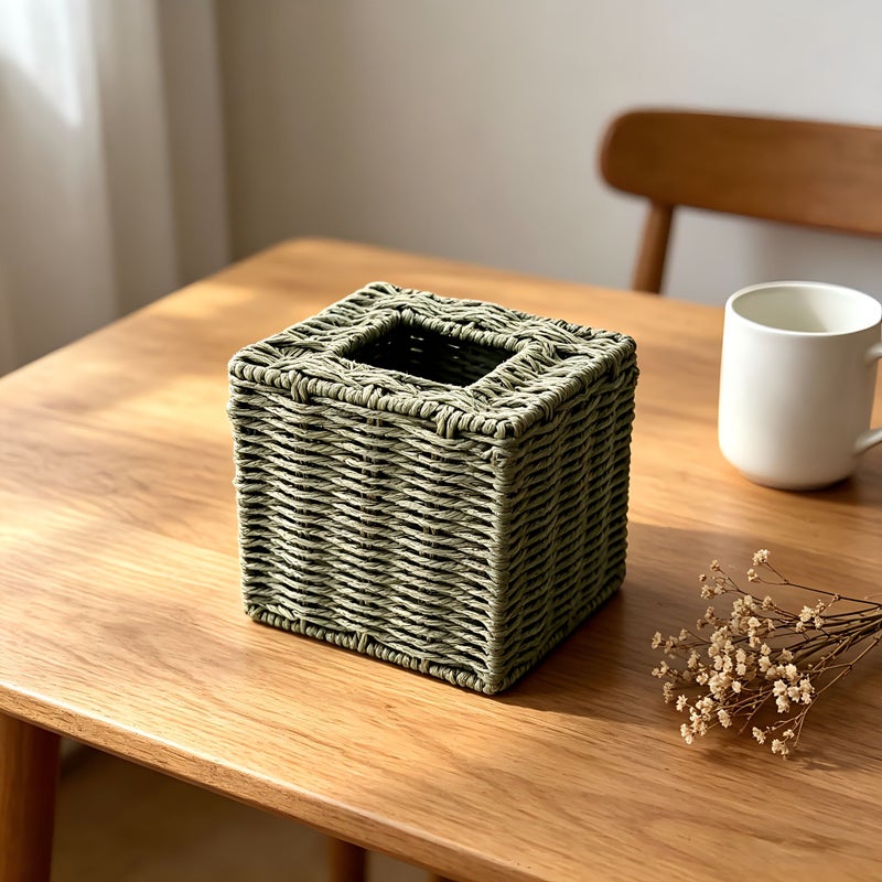 Handwoven Green Iron Frame Square Tissue Box Storage Organizer For Home - Image 3