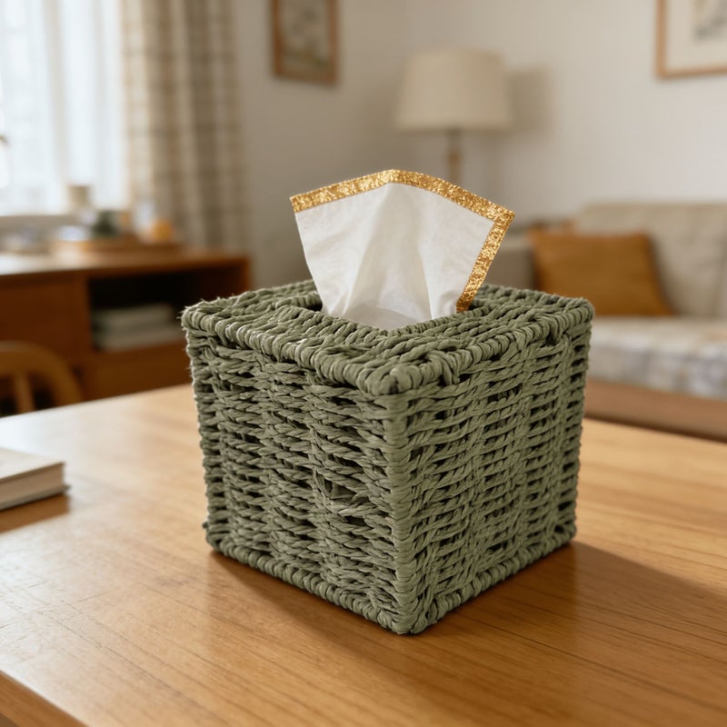 Handwoven Green Iron Frame Square Tissue Box Storage Organizer For Home - Image 1