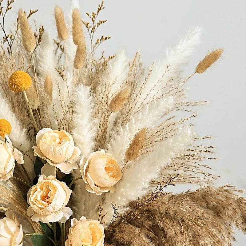 YN HI FLOWER 17 Inch Yellow Dried Pampas Grass Bouquet, Champagne Faux Roses and Golden Ball Grass, Rustic Boho Floral Arrangement for Home Decor, Wedding Centerpieces and Events - No Vase Included - Image 2