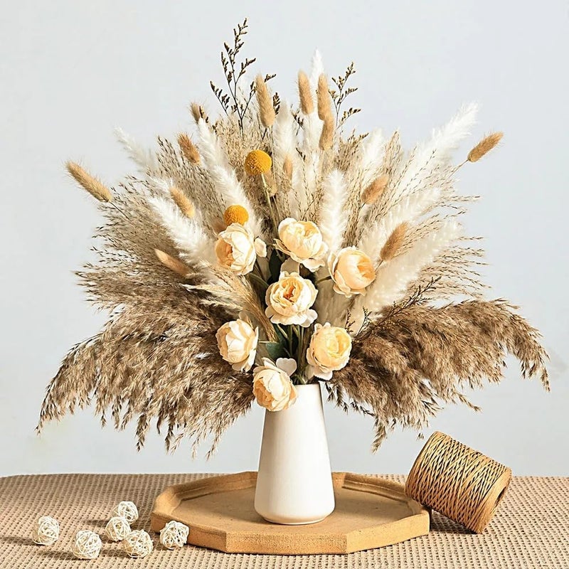 YN HI FLOWER 17 Inch Yellow Dried Pampas Grass Bouquet, Champagne Faux Roses and Golden Ball Grass, Rustic Boho Floral Arrangement for Home Decor, Wedding Centerpieces and Events - No Vase Included - Image 1