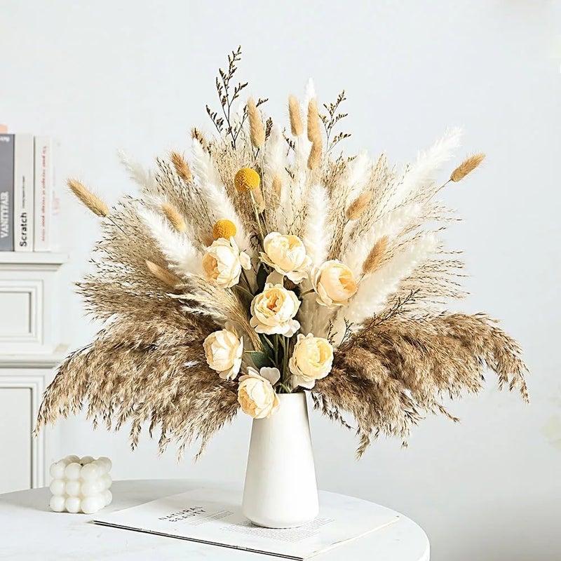 YN HI FLOWER 17 Inch Yellow Dried Pampas Grass Bouquet, Champagne Faux Roses and Golden Ball Grass, Rustic Boho Floral Arrangement for Home Decor, Wedding Centerpieces and Events - No Vase Included - Image 3
