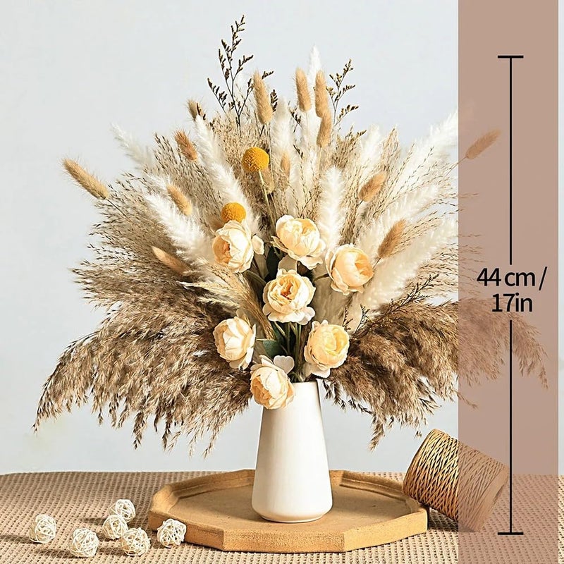 YN HI FLOWER 17 Inch Yellow Dried Pampas Grass Bouquet, Champagne Faux Roses and Golden Ball Grass, Rustic Boho Floral Arrangement for Home Decor, Wedding Centerpieces and Events - No Vase Included - Image 4