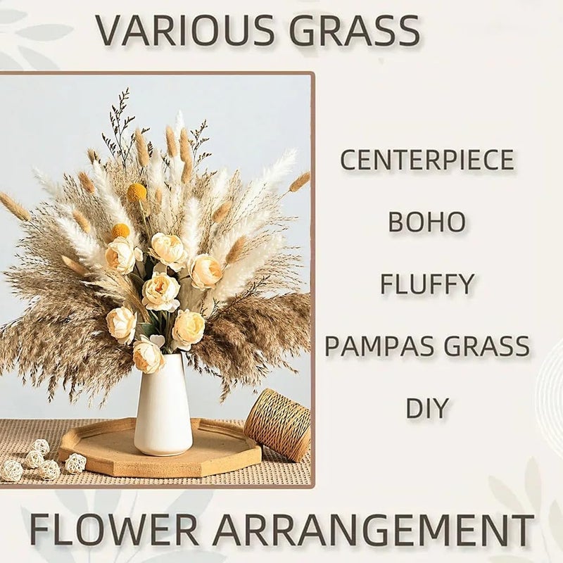 YN HI FLOWER 17 Inch Yellow Dried Pampas Grass Bouquet, Champagne Faux Roses and Golden Ball Grass, Rustic Boho Floral Arrangement for Home Decor, Wedding Centerpieces and Events - No Vase Included - Image 5