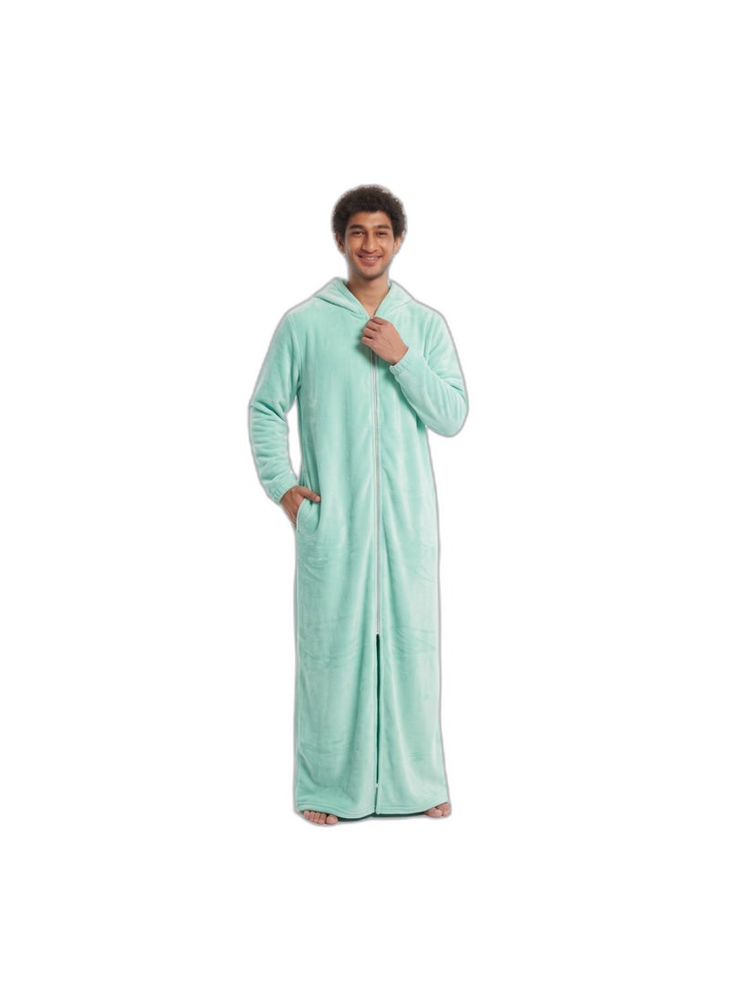 Men's Long Hooded Fleece Robe - Full Zip Plush Lounge Robe with Side Pockets and Elastic Cuffs - Mint