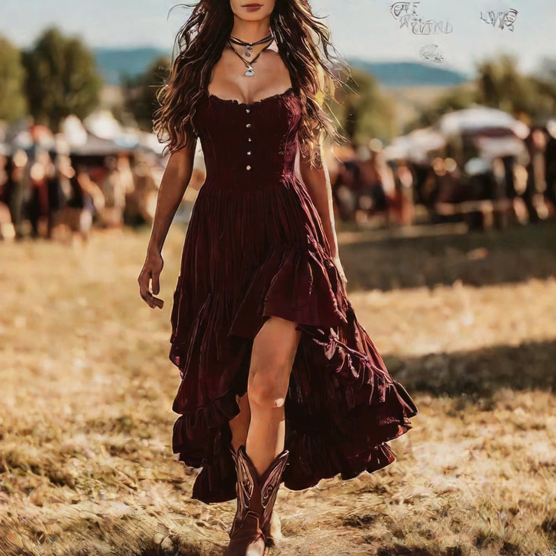 Retro Elegant Bustier Dress with Shirred Waist and Asymmetric Hem - Image 2