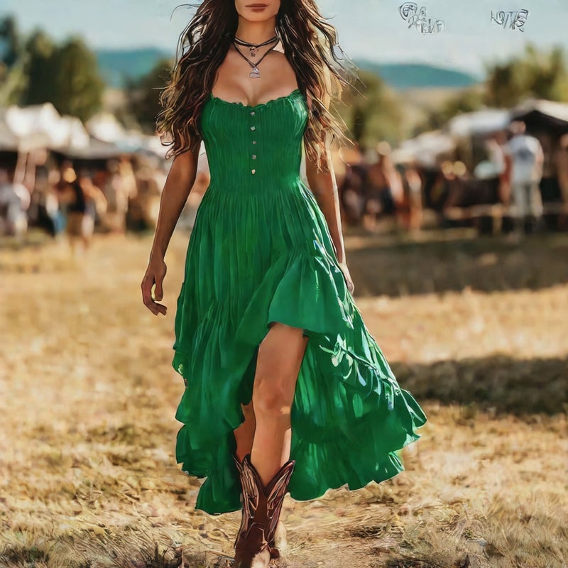 Retro Elegant Bustier Dress with Shirred Waist and Asymmetric Hem - Image 3