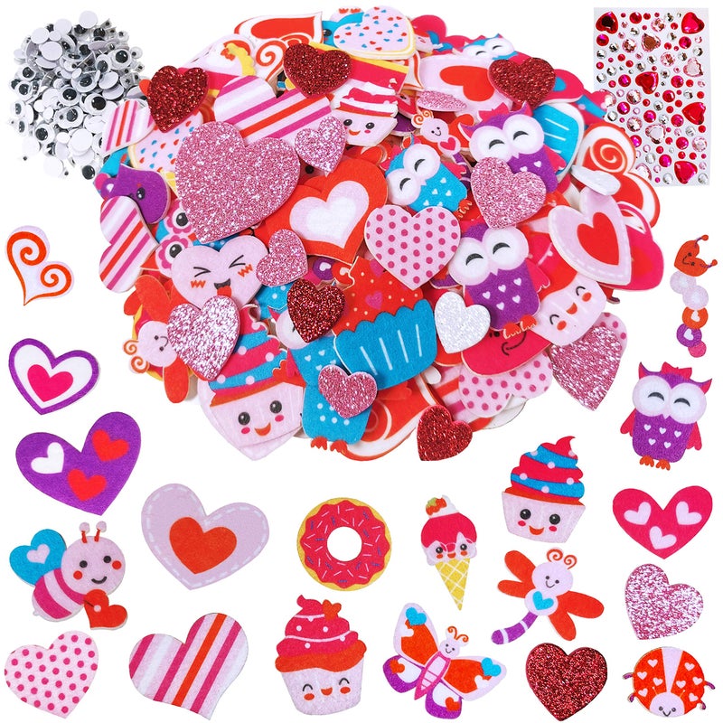 Winlyn Assorted Valentine's Day Craft Stickers - Heart, Cupcake, Owl, Bee Shaped Cutouts - Felt & Foam Stickers for Kids Scrapbooking Cards Decoration - Image 1
