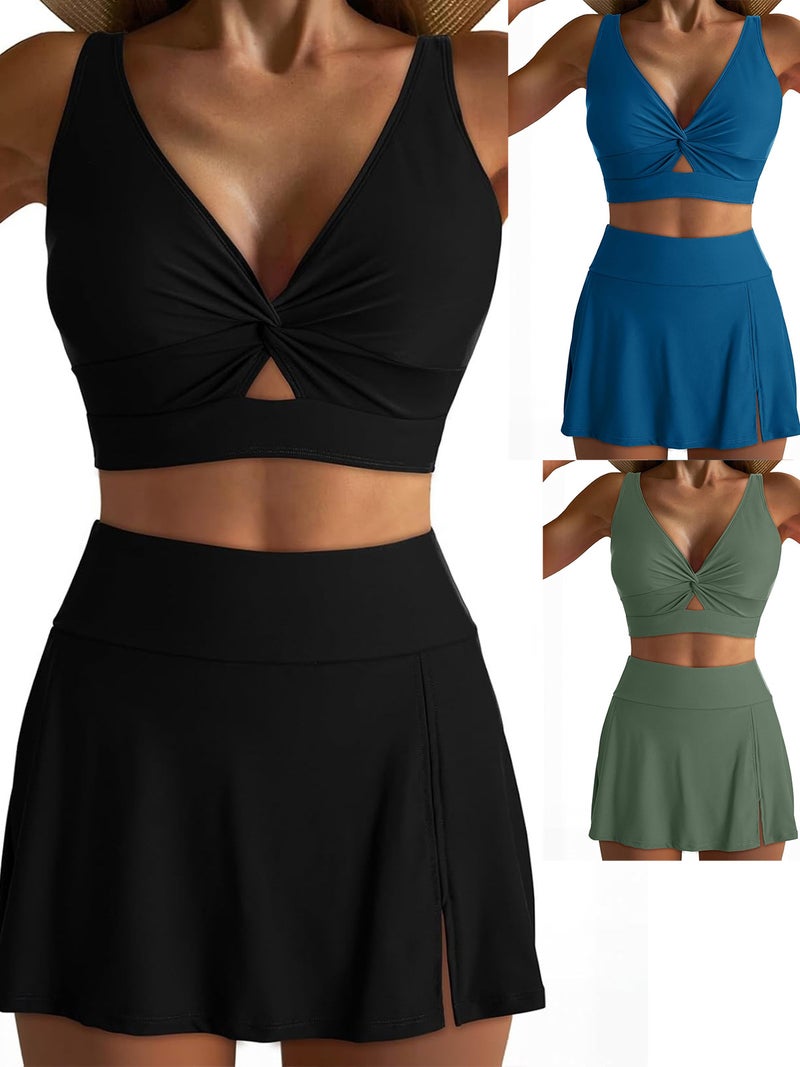 2025 New Solid Color Women''s Split Swimsuit Deep V Hollow Top High Waist Skirt Women''s 2-piece Swim Set - Image 2