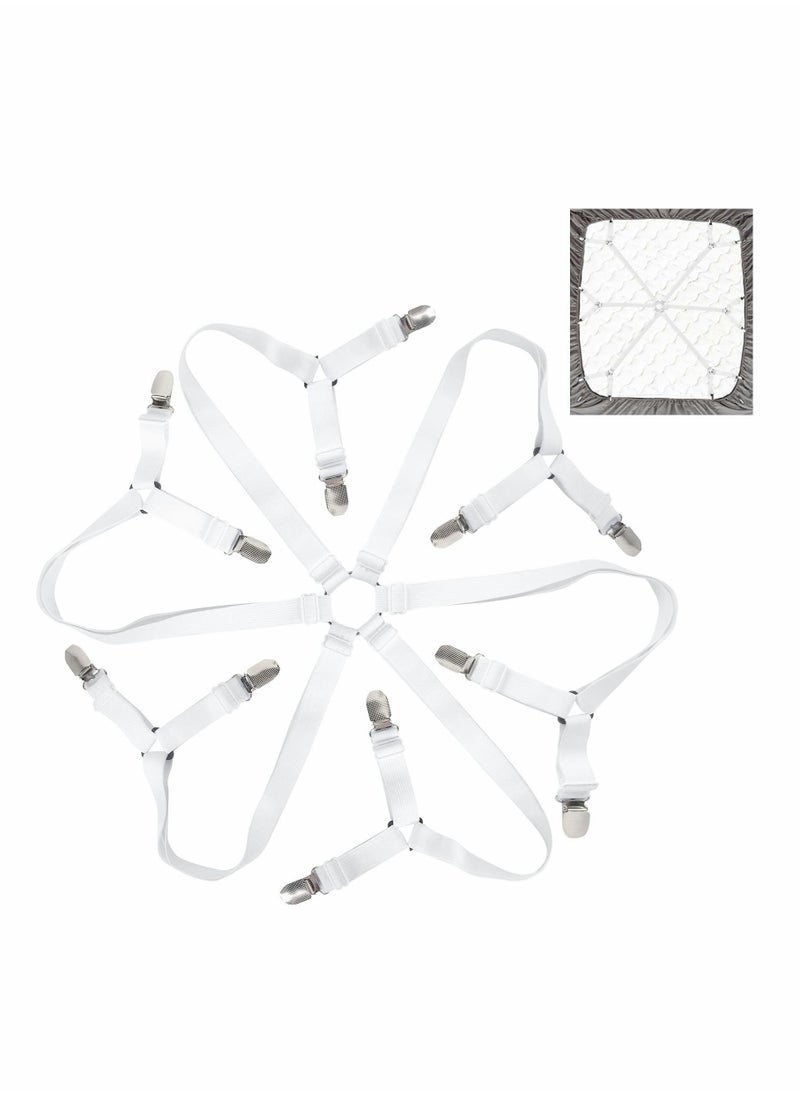 واي آند دي Bed Sheet Holder Straps, Adjustable Premium Fitted Suspenders with 6 Way Cross Elastic Bands and Corner Clips, for Bedding Mattress Fasteners(White)  - Image 1