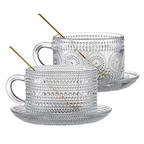 Gezzeny Vintage Coffee Mugs with Saucers 14 Oz Set of 2 Embossed Glass Cups, Tea Cups, Glass Coffee Cups for Cappuccino, Latte,Cereal, Beverage Birthday Valentine's Day Gifts - Image 1