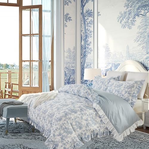 Brandream French Toile De Jouy Duvet Cover Set King Size Blue Botanical Print Bedding Soft Cotton Duvet Cover with Chic Ruffle Edge Luxury Chteau Cottagecore Bedroom Decor for Girl Women - Image 1