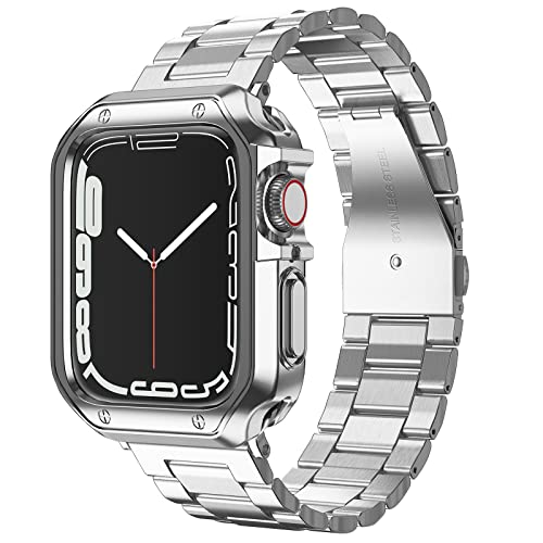 MRYUESG Compatible with Apple Watch Band and Case, Stainless Steel Metal Chain with TPU Cover, Smart-Watch Link Bracelet Strap, Wrist-Band for i-Watch Series 9 8 7 6 5 4 3 2 1 SE, 45mm 44mm 42mm, Silver - Image 1