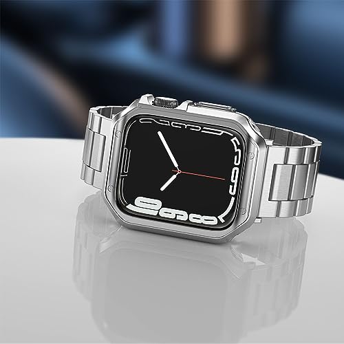 MRYUESG Compatible with Apple Watch Band and Case, Stainless Steel Metal Chain with TPU Cover, Smart-Watch Link Bracelet Strap, Wrist-Band for i-Watch Series 9 8 7 6 5 4 3 2 1 SE, 45mm 44mm 42mm, Silver - Image 3