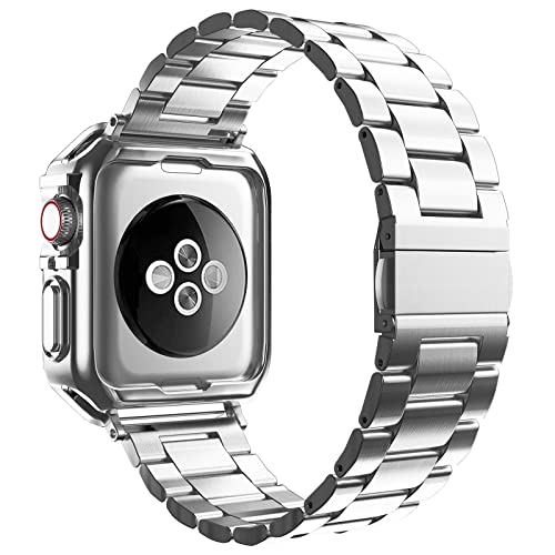 MRYUESG Compatible with Apple Watch Band and Case, Stainless Steel Metal Chain with TPU Cover, Smart-Watch Link Bracelet Strap, Wrist-Band for i-Watch Series 9 8 7 6 5 4 3 2 1 SE, 45mm 44mm 42mm, Silver - Image 2