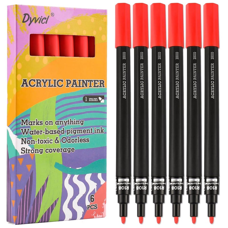 Dyvicl Red Paint Pens Fine Point Acrylic Red Paint Markers for Rock Painting Stone Ceramic Glass Wood Fabric Canvas Metal DIY Crafts Making 6 Pack