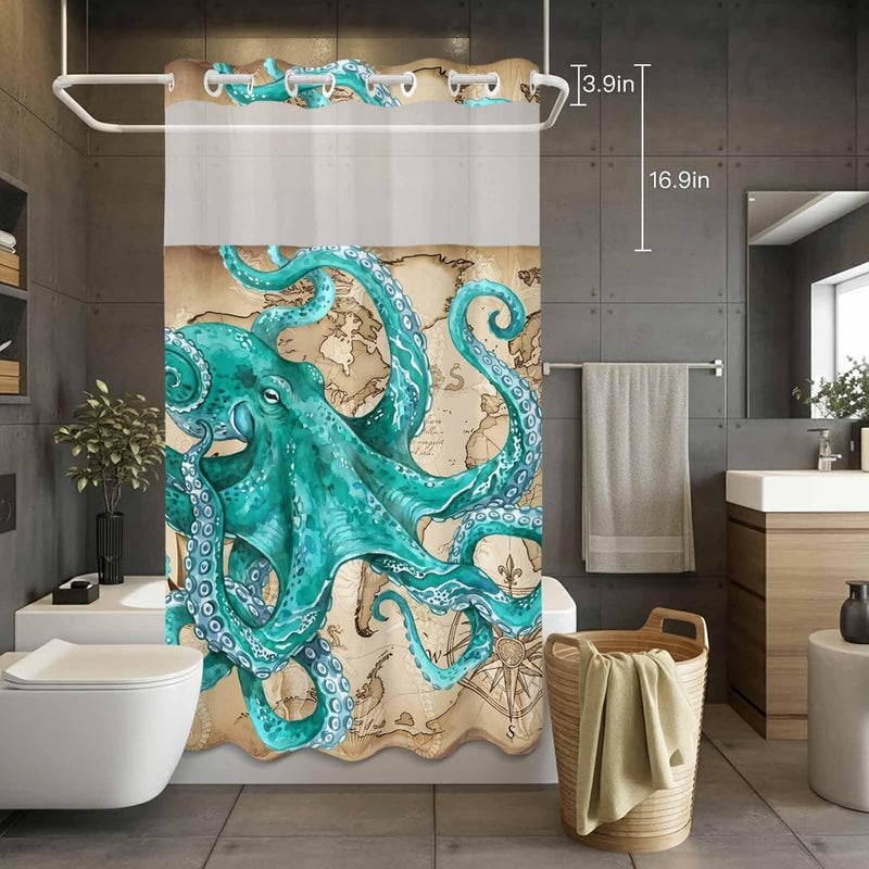 No Hook Shower Curtain and Liner Set, Ocean Blue Octopus Snap in Shower Curtain Set, Coastal Anchor Sea Boat Retro World Map Waterproof Fabric Bathroom Curtain with See Through Top Window 36"x78" - Image 4