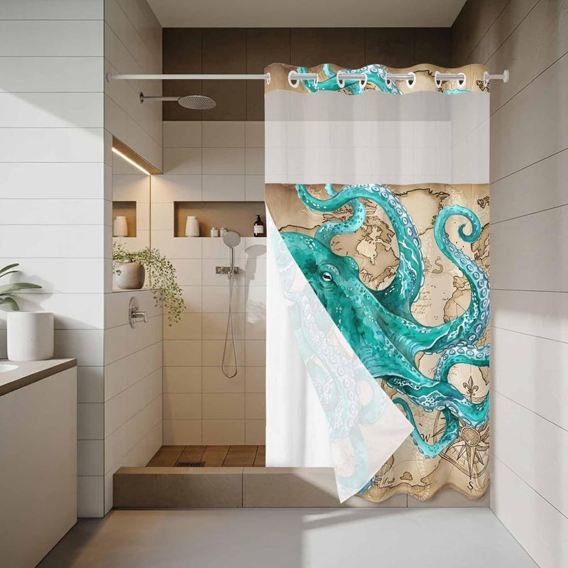 No Hook Shower Curtain and Liner Set, Ocean Blue Octopus Snap in Shower Curtain Set, Coastal Anchor Sea Boat Retro World Map Waterproof Fabric Bathroom Curtain with See Through Top Window 36"x78" - Image 3