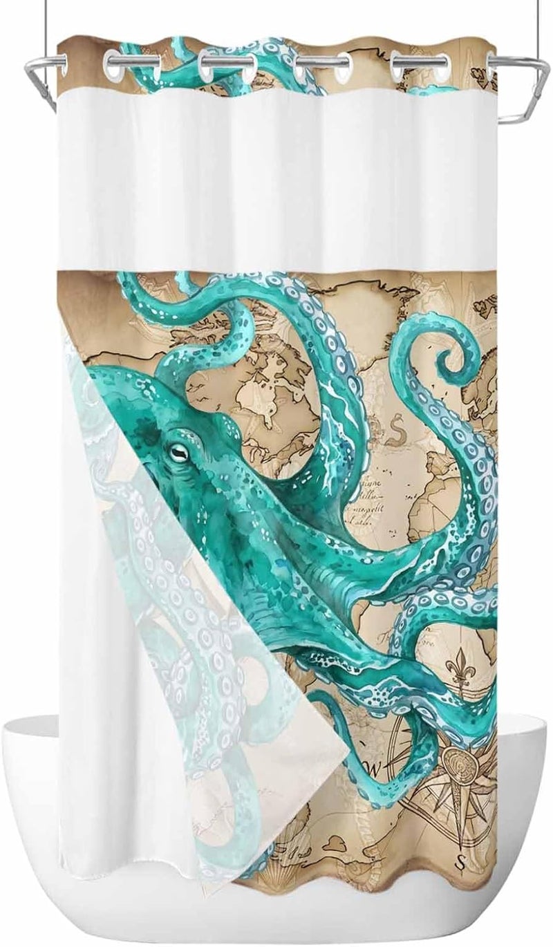 No Hook Shower Curtain and Liner Set, Ocean Blue Octopus Snap in Shower Curtain Set, Coastal Anchor Sea Boat Retro World Map Waterproof Fabric Bathroom Curtain with See Through Top Window 36"x78" - Image 1