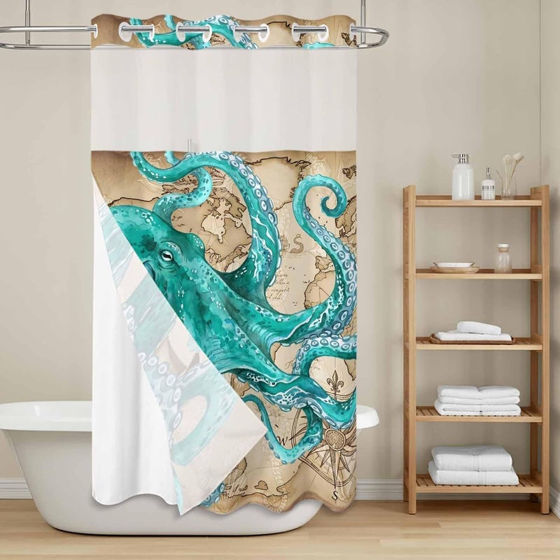 No Hook Shower Curtain and Liner Set, Ocean Blue Octopus Snap in Shower Curtain Set, Coastal Anchor Sea Boat Retro World Map Waterproof Fabric Bathroom Curtain with See Through Top Window 36"x78" - Image 2