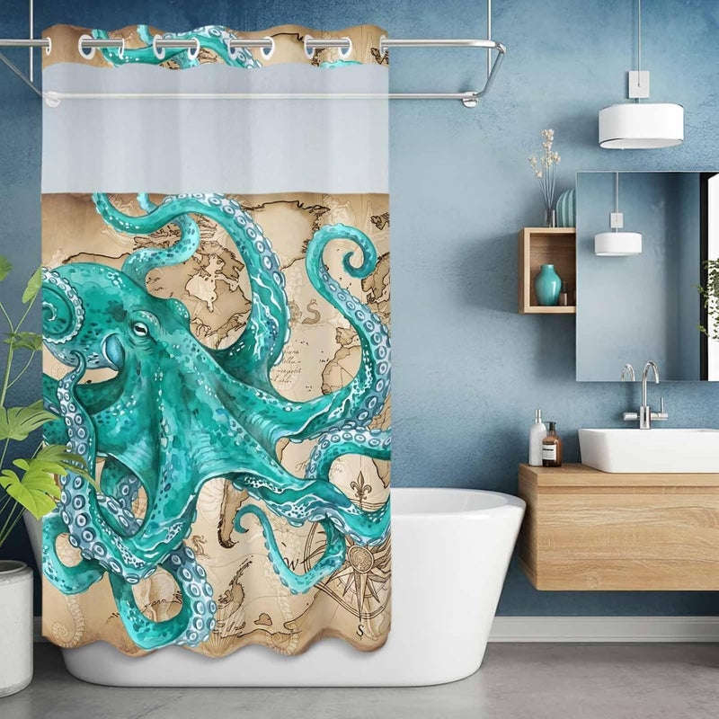 No Hook Shower Curtain and Liner Set, Ocean Blue Octopus Snap in Shower Curtain Set, Coastal Anchor Sea Boat Retro World Map Waterproof Fabric Bathroom Curtain with See Through Top Window 36"x78" - Image 5