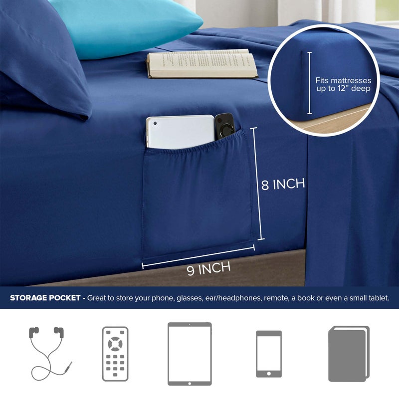 Comfort Spaces Twin Comforter Sets with Sheets - Bed in a Bag 6 Pieces Teen Bedding Sets Twin, Navy/Grey Stripes Bedding, College Twin Bed Set, 2 Side Pockes Bedroom Organizer Navy - Image 4