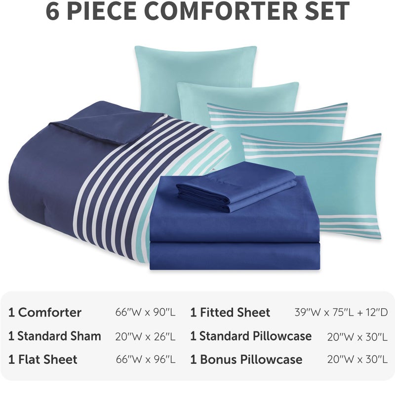 Comfort Spaces Twin Comforter Sets with Sheets - Bed in a Bag 6 Pieces Teen Bedding Sets Twin, Navy/Grey Stripes Bedding, College Twin Bed Set, 2 Side Pockes Bedroom Organizer Navy - Image 5