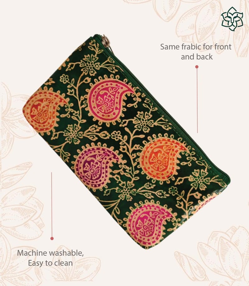 MaatirDesigns Paisley Pattern Leather Pouch Green with Pink and Orange Design - Image 4