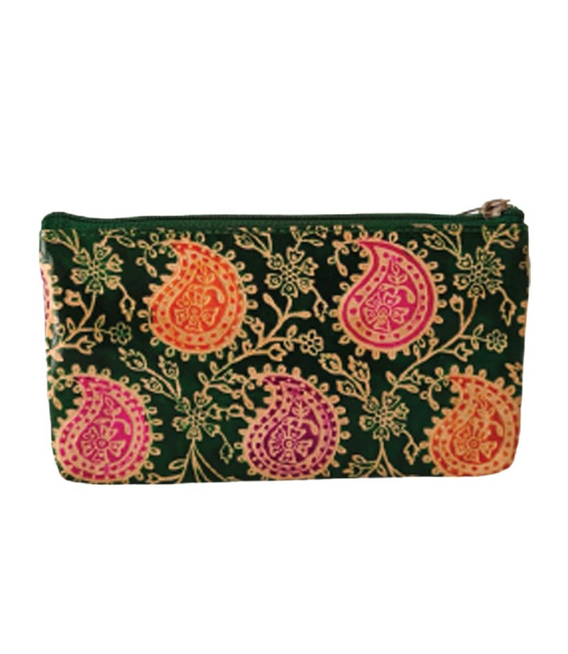 MaatirDesigns Paisley Pattern Leather Pouch Green with Pink and Orange Design - Image 1
