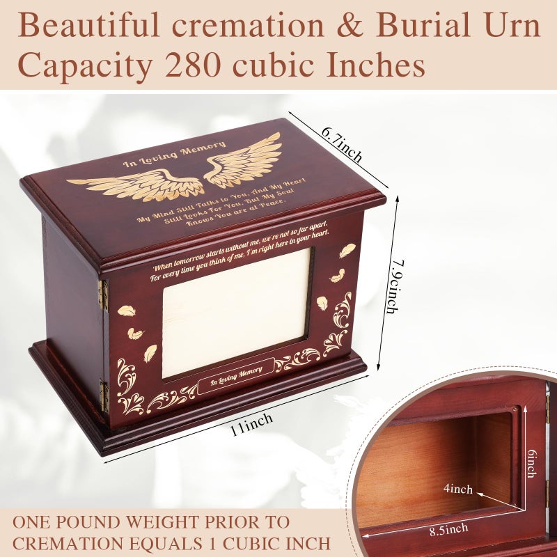 Himake Cremation Urns for Human Ashes Adult Male or Female, Solid Walnut Adult Cremation Urn with Engraved Memorial Panel, Gender-Inclusive Funeral Holds 280 LBSï¼ˆAngel's Wingsï¼‰ - Image 2
