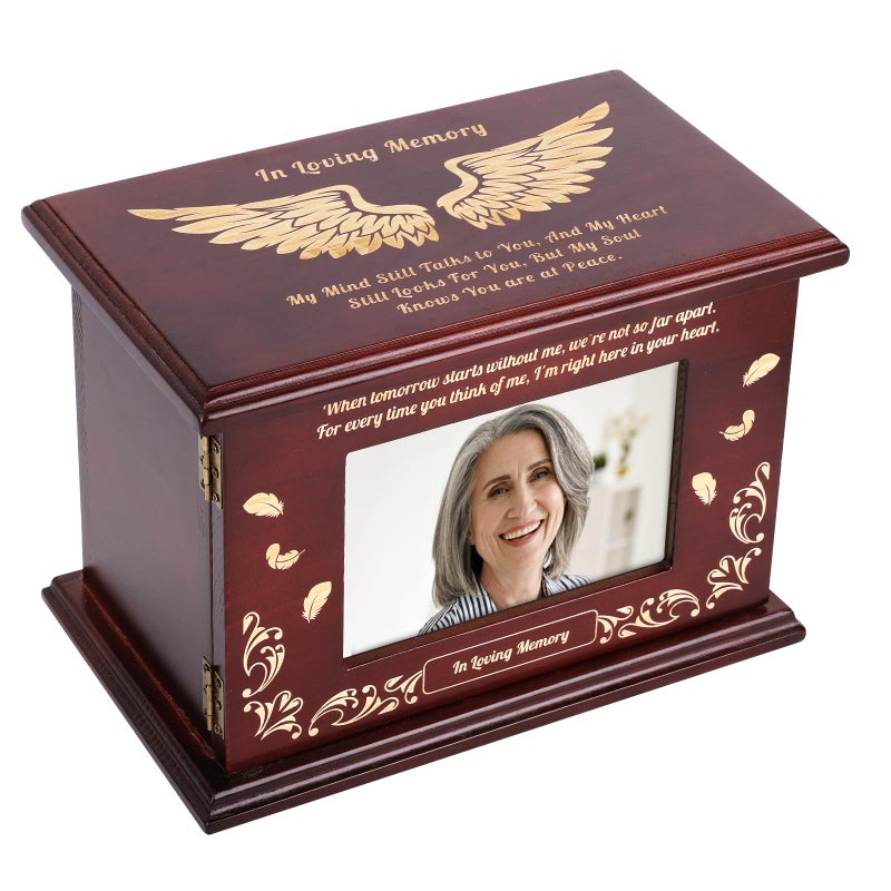 Himake Cremation Urns for Human Ashes Adult Male or Female, Solid Walnut Adult Cremation Urn with Engraved Memorial Panel, Gender-Inclusive Funeral Holds 280 LBSï¼ˆAngel's Wingsï¼‰ - Image 1