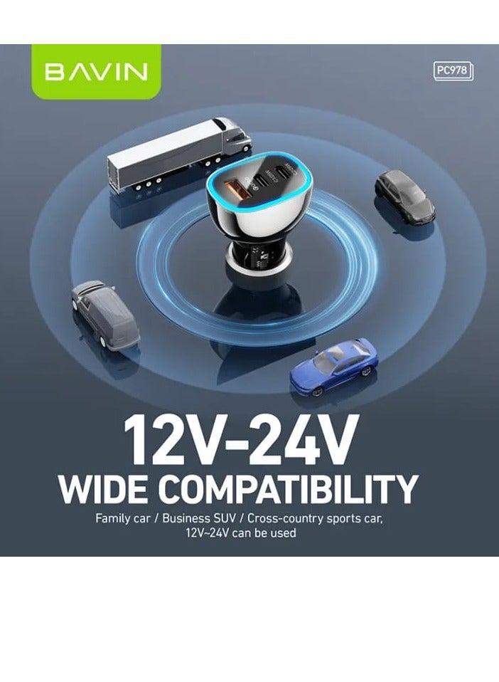 Bavin PC978 Car Charger with Two Type-C Ports and a USB Port Fast Charging 68W with LED Ambient Light - Image 5