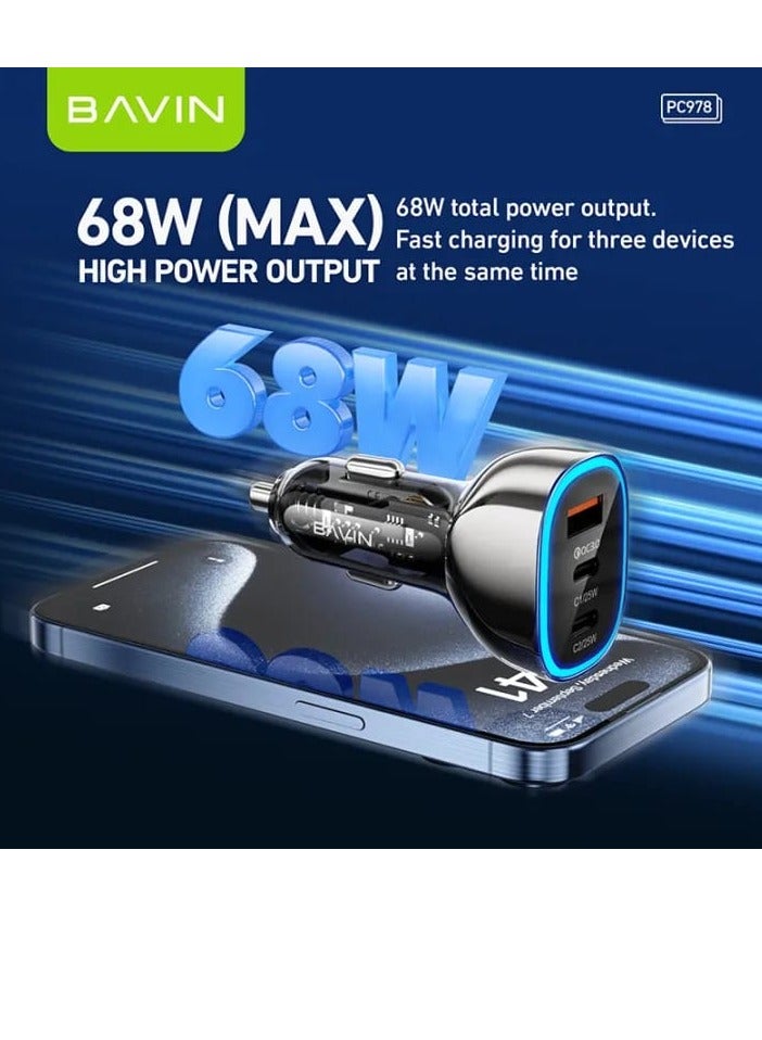 Bavin PC978 Car Charger with Two Type-C Ports and a USB Port Fast Charging 68W with LED Ambient Light - Image 3