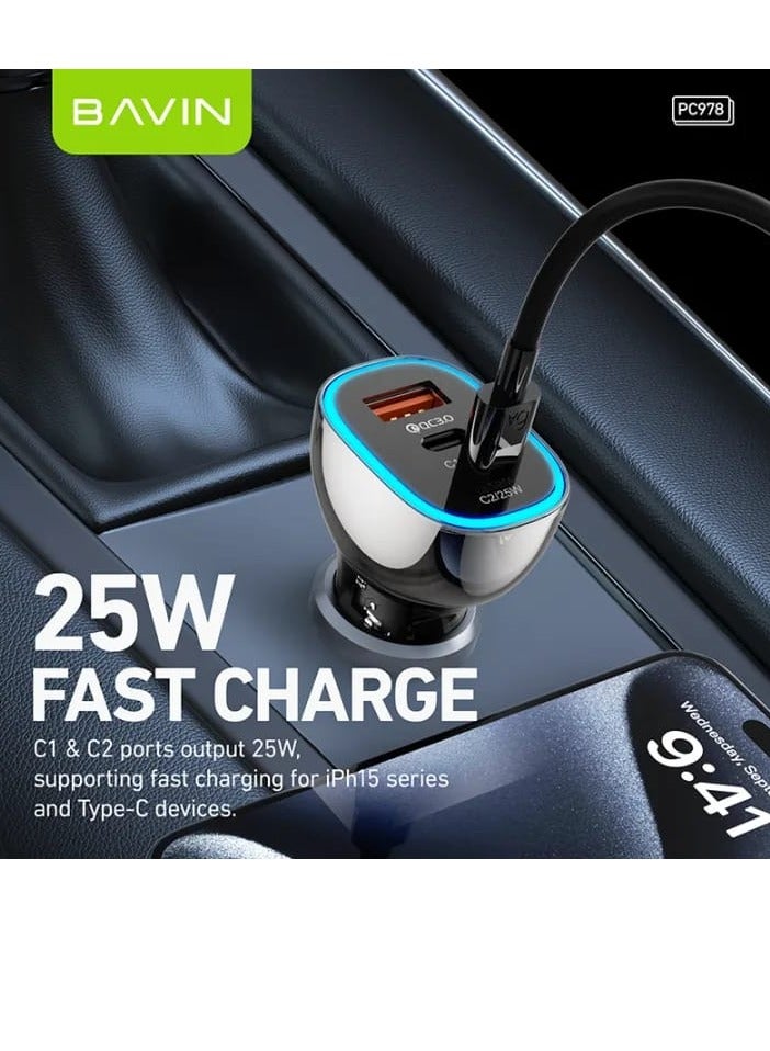 Bavin PC978 Car Charger with Two Type-C Ports and a USB Port Fast Charging 68W with LED Ambient Light - Image 4