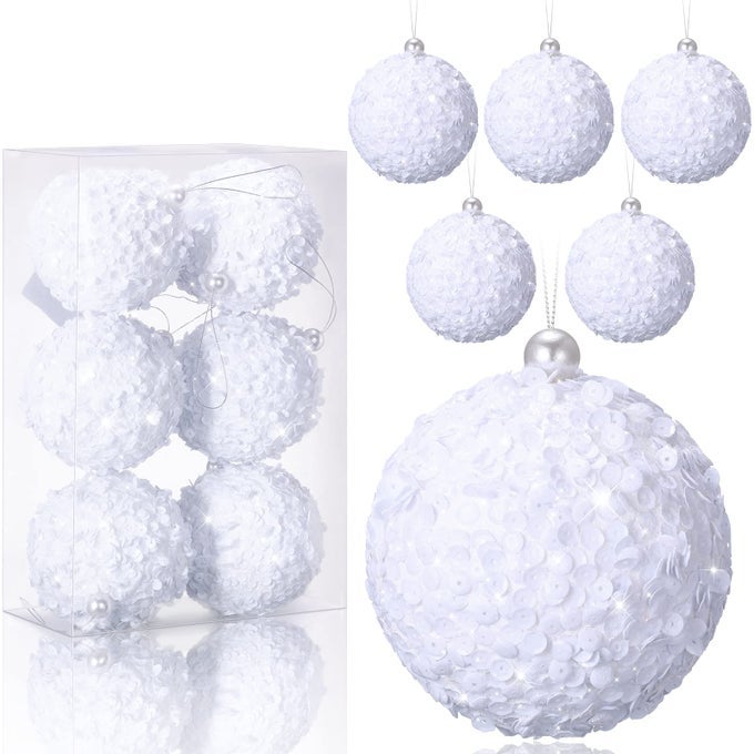 6 PCS 393 WHITE BALL CHRISTMAS ORNAMENTS LARGE GLITTER CHRISTMAS BALL ORNAMENT SEQUIN FOAM HANGING DECORATIONS FOR XMAS WEDDING PARTY HOLIDAY DECOR