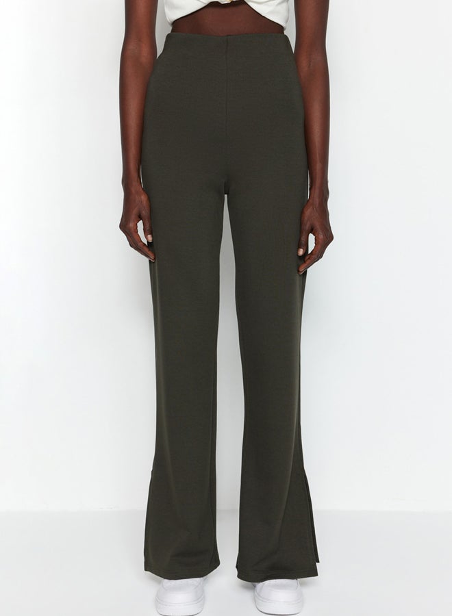 trendyol Khaki With Slits in the Sides Flare/Flare-Flare High Waist Knitted Pants TWOSS23PL00134 - Image 3