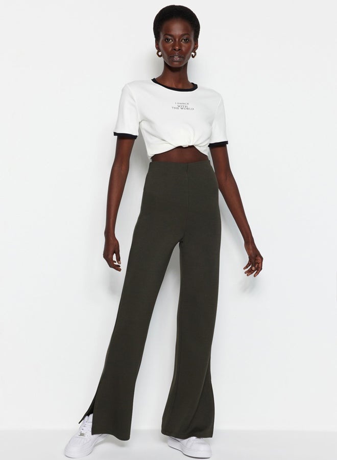 trendyol Khaki With Slits in the Sides Flare/Flare-Flare High Waist Knitted Pants TWOSS23PL00134 - Image 2