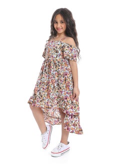Andora Off-Shoulders Floral Girls Dress_White,Orange & Purple  - Image 2