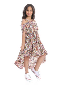 Andora Off-Shoulders Floral Girls Dress_White,Orange & Purple  - Image 3