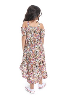 Andora Off-Shoulders Floral Girls Dress_White,Orange & Purple  - Image 4