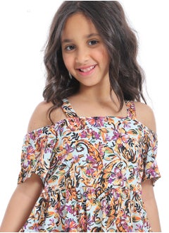 Andora Off-Shoulders Floral Girls Dress_White,Orange & Purple  - Image 5
