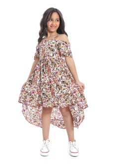 Andora Off-Shoulders Floral Girls Dress_White,Orange & Purple  - Image 1