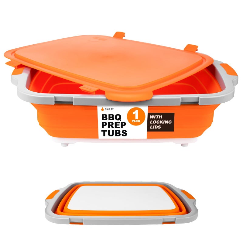 Drip Ez Collapsible Bbq Prep Tub (V2) - For Meal Prep Marinating Food Storage - Includes Cutting Board & Locking Lid - (1) Xl - Orange - Image 1
