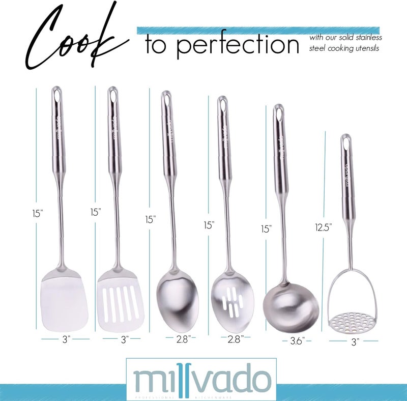 Millvado Stainless Steel Kitchen Utensil Set, Cooking Utensils, Set of 6 Kitchen Tools, Solid Spoon, Slotted Spoon, Solid Turner, Slotted Turner, Soup Ladle, Potato Masher, Dishwasher Safe - Image 2